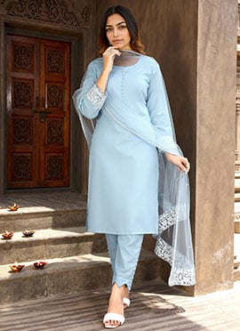 Sky Blue Blended Cotton Embroidered Straight Pant Suit