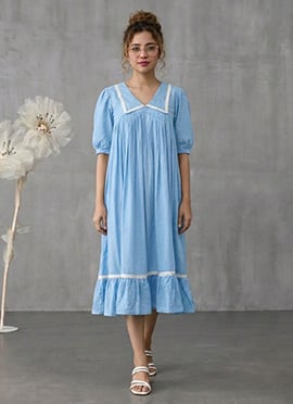 Sky Blue Cotton Gathered IMidi Dress With Contrast