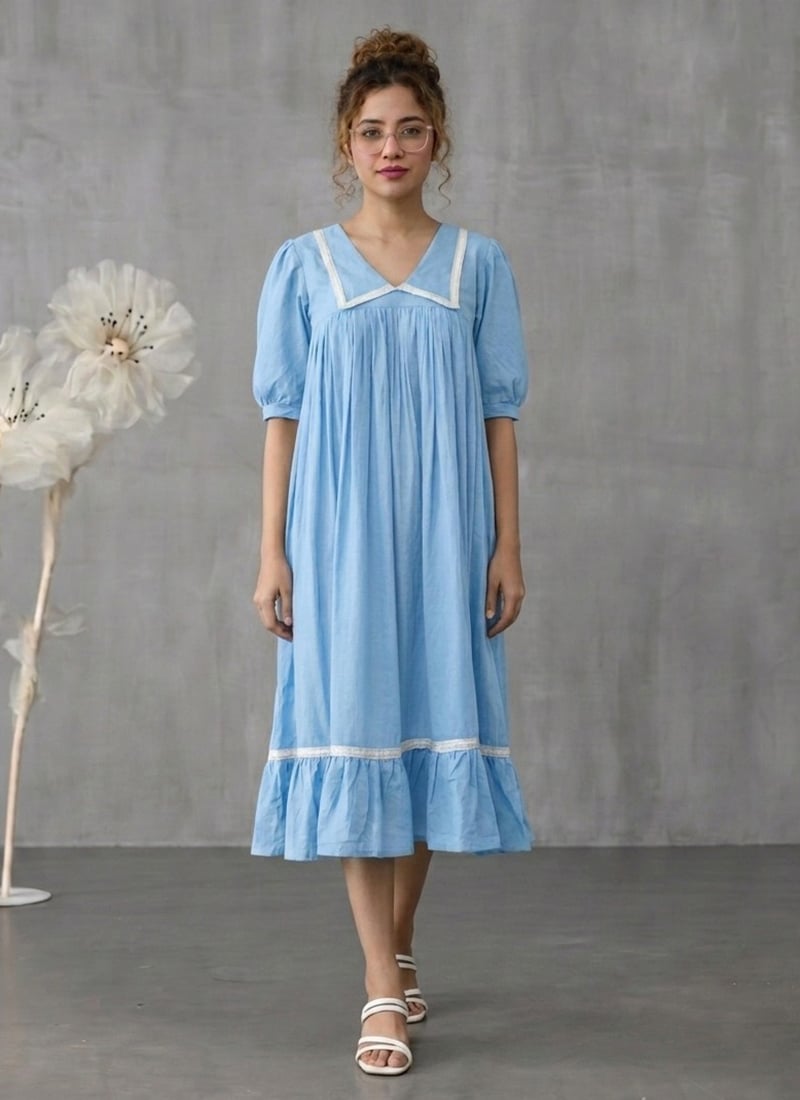 Sky Blue Cotton Gathered IMidi Dress With Contrast After Six Wear