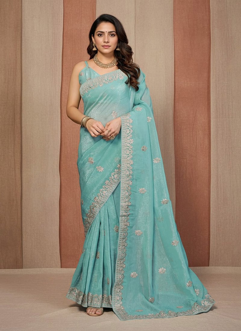 Sky Blue Crunchy Silk Gota Embroidered Saree