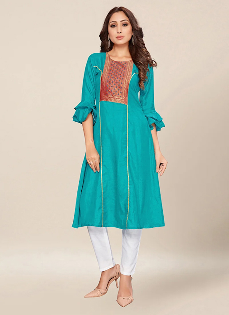 Sky Blue Dola Silk Jacquard Yoke Knee Length Kurti Work Wear