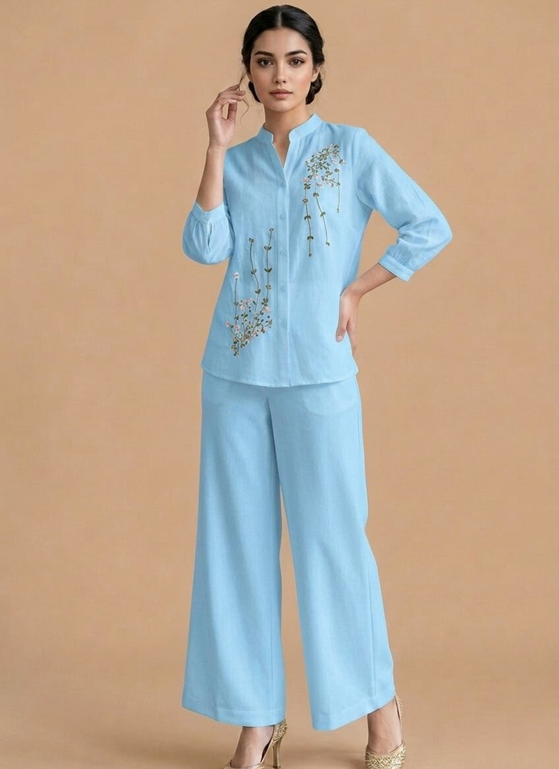 Sky Blue Embroidered Cotton Co Ord Set With Wide L After Six Wear