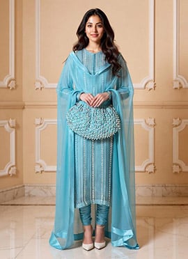 Sky Blue Faux Georgette Cut Dana Beads Hand Embroidered Classy Churidar Set