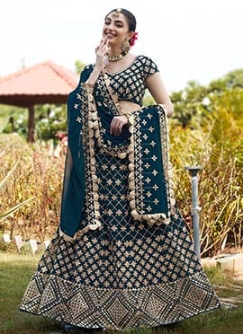 Teal Blue Faux Georgette Embroidered Sequins Ravishing Lehenga