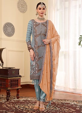 Sky Blue Faux Georgette Embroidered Straight Pant Suit
