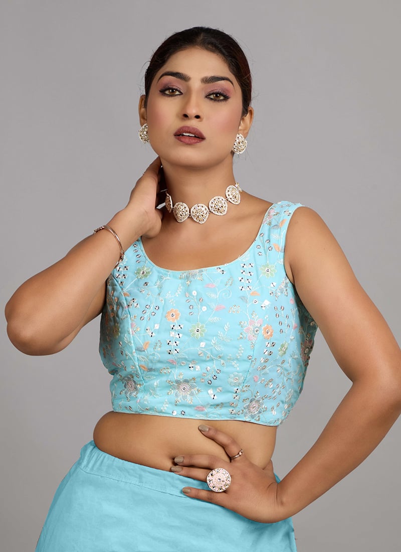 Sky Blue Georgette Embroidered Sleeveless Blouse Festive Wear