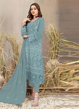 Sky Blue Georgette Embroidered Stone Sequins Pakistani Straight Pant Suit