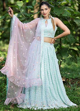 Teen Girls Chic Blouse Look With Sky Blue Georgette Lehenga