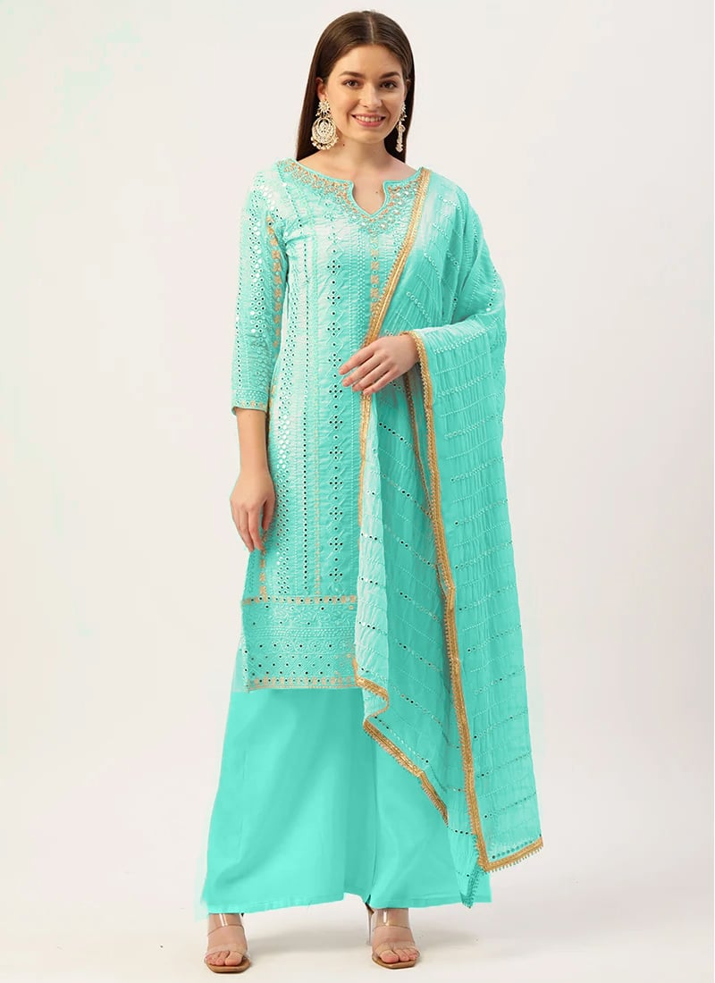 Sky Blue Georgette Mirror Embroidery Palazzo Suit