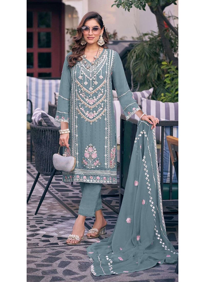 Sky Blue Georgette Straight Pant Suit With Dupatta And Embroidery Sequins Festive Wear