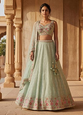 Pista Green Georgette Zari Embroidered Sequins With Mirror Work Lehenga