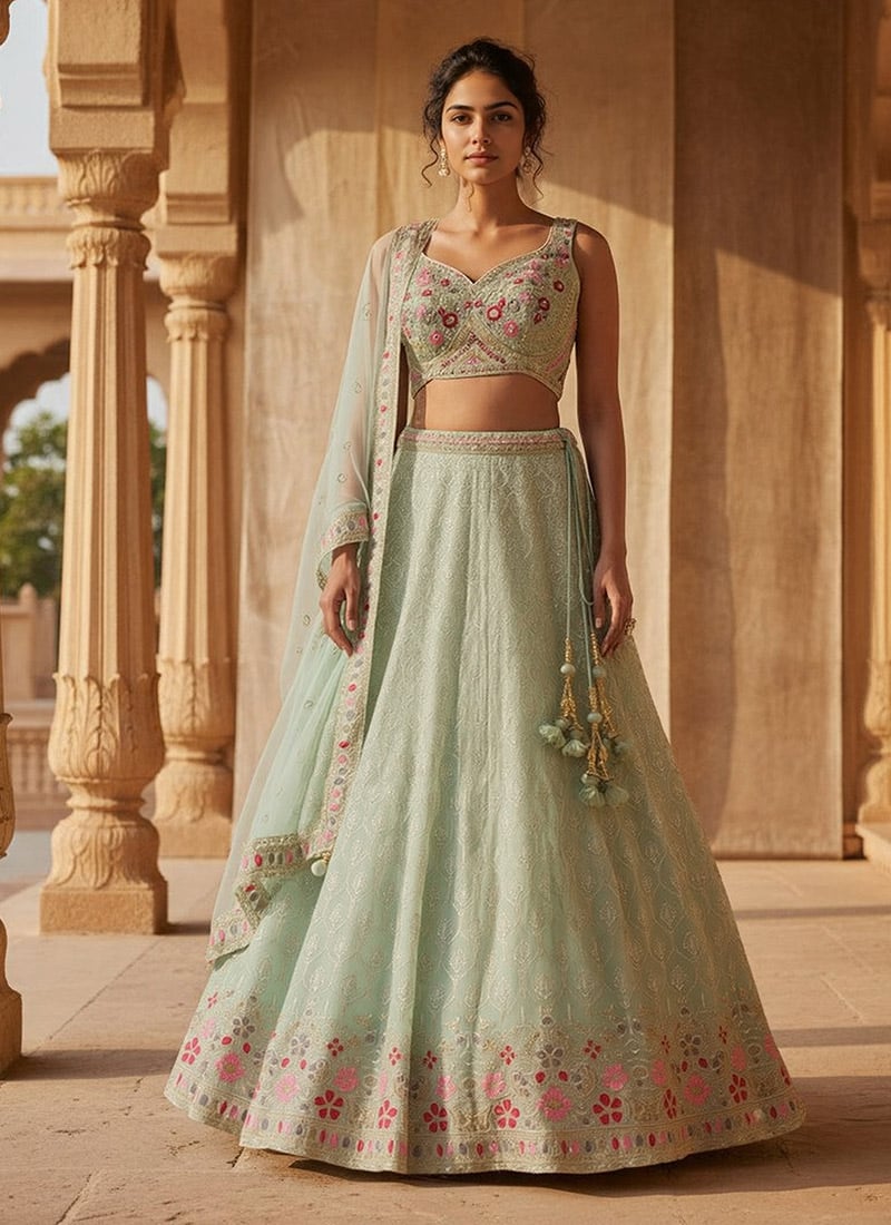 Sky Blue Georgette Zari Embroidered Sequins With Mirror Work Lehenga