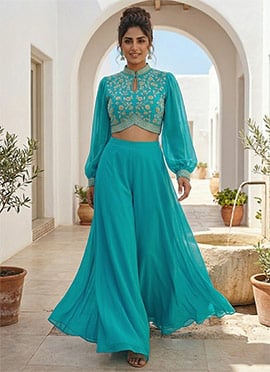 Sky Blue Georgette Zari Sequins Indowestern Palazzo Set