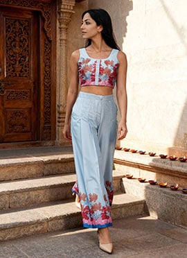 Sky Blue Linen Satin Digital Print Indowestern Co ord Set