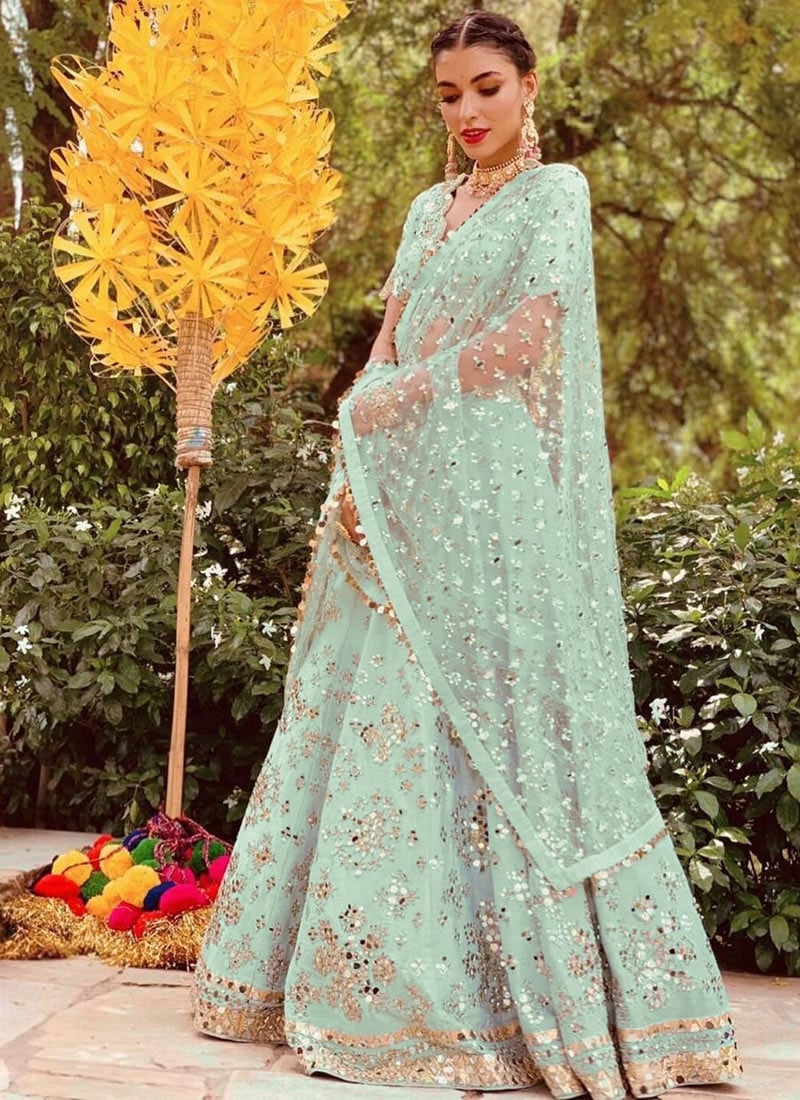 Sky Blue Mulbery Silk Umbrella Lehenga Party Wear