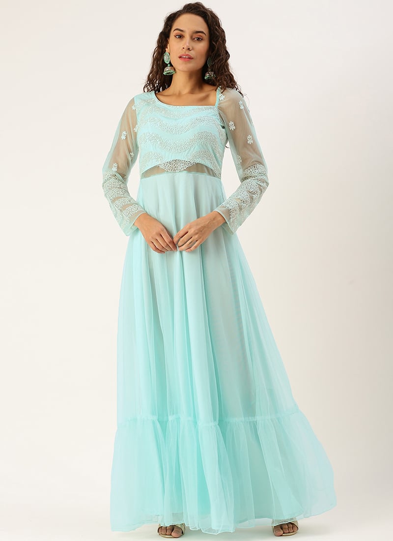 Sky Blue Net Embroidered Gown  Party Wear