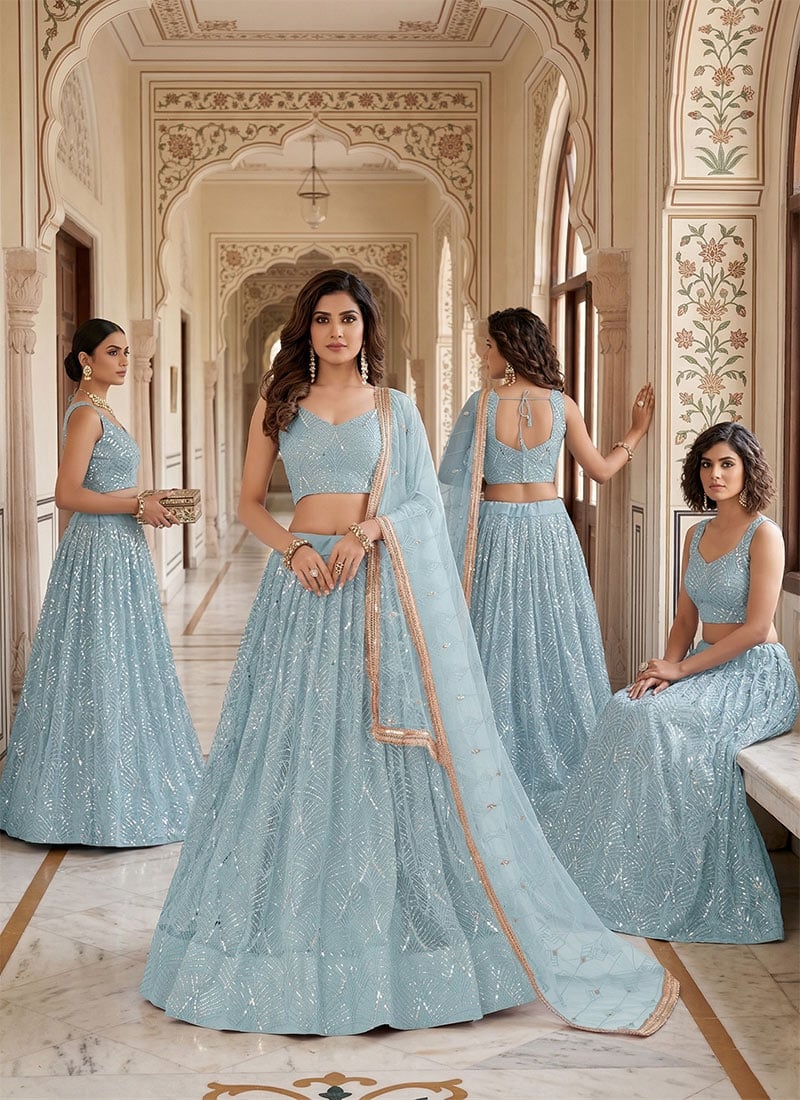 Sky Blue Net Sequins Embroidered Mirror Work Lehenga Wedding Wear