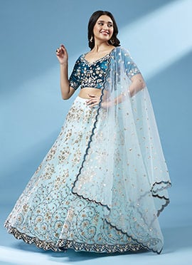Sky Blue Net Sequins Umbrella Lehenga