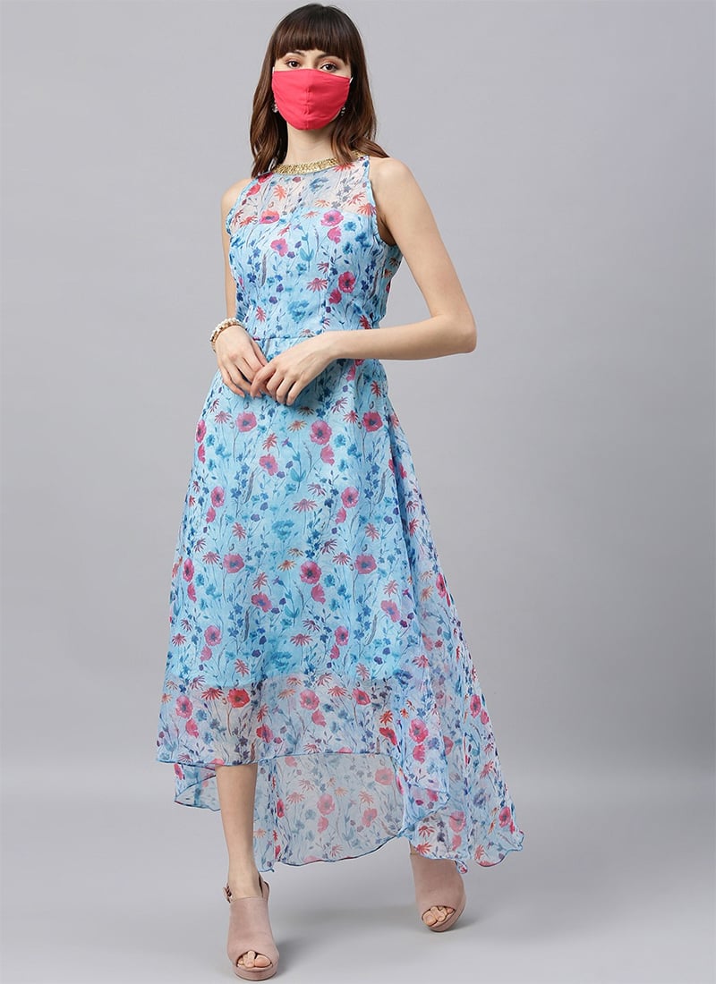 Sky Blue Organza Asymmetrical Dress