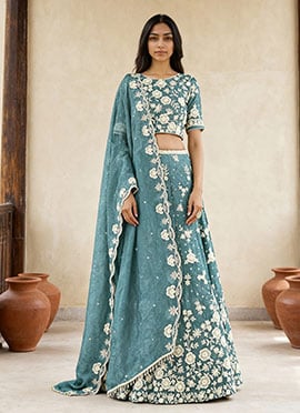 Sky Blue Organza Embroidered Sequins Lehenga