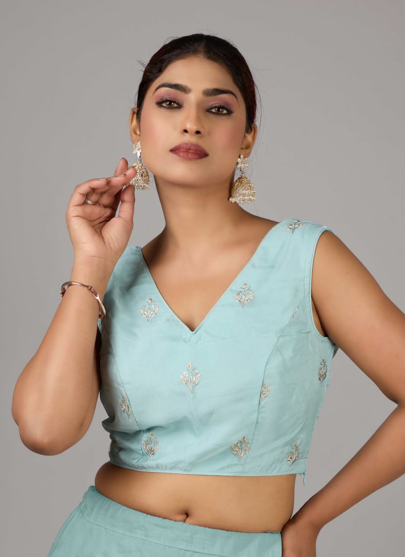 Sky Blue Organza Embroidered V Neck Blouse Party Wear