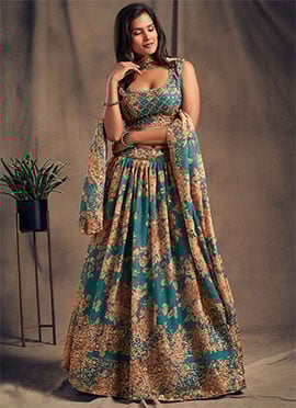 Sky Blue Organza Floral Digital Print Umbrella Lehenga