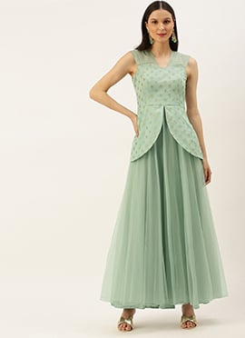 Teen Girls Sky Blue Organza Jacquard Gown