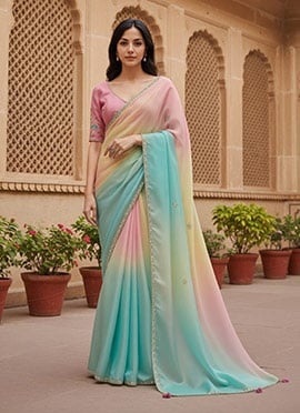 Sky Blue Organza Tissue Zari Embroidered Sequins Saree
