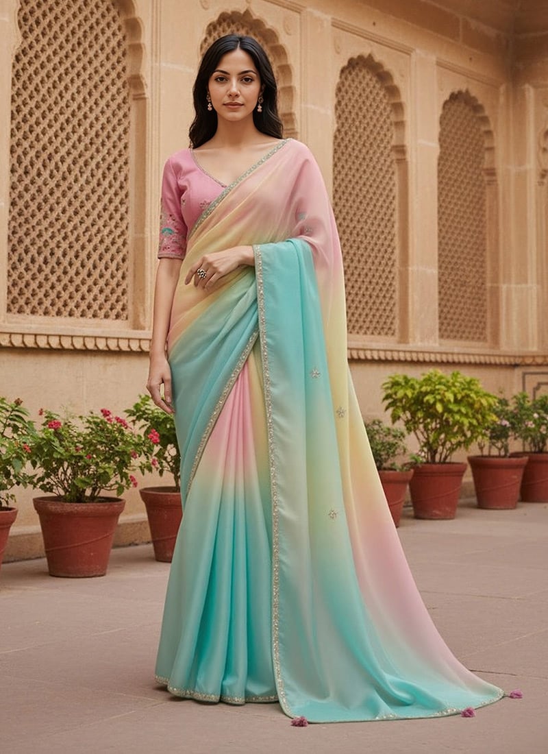 Sky Blue Organza Tissue Zari Embroidered Sequins Saree