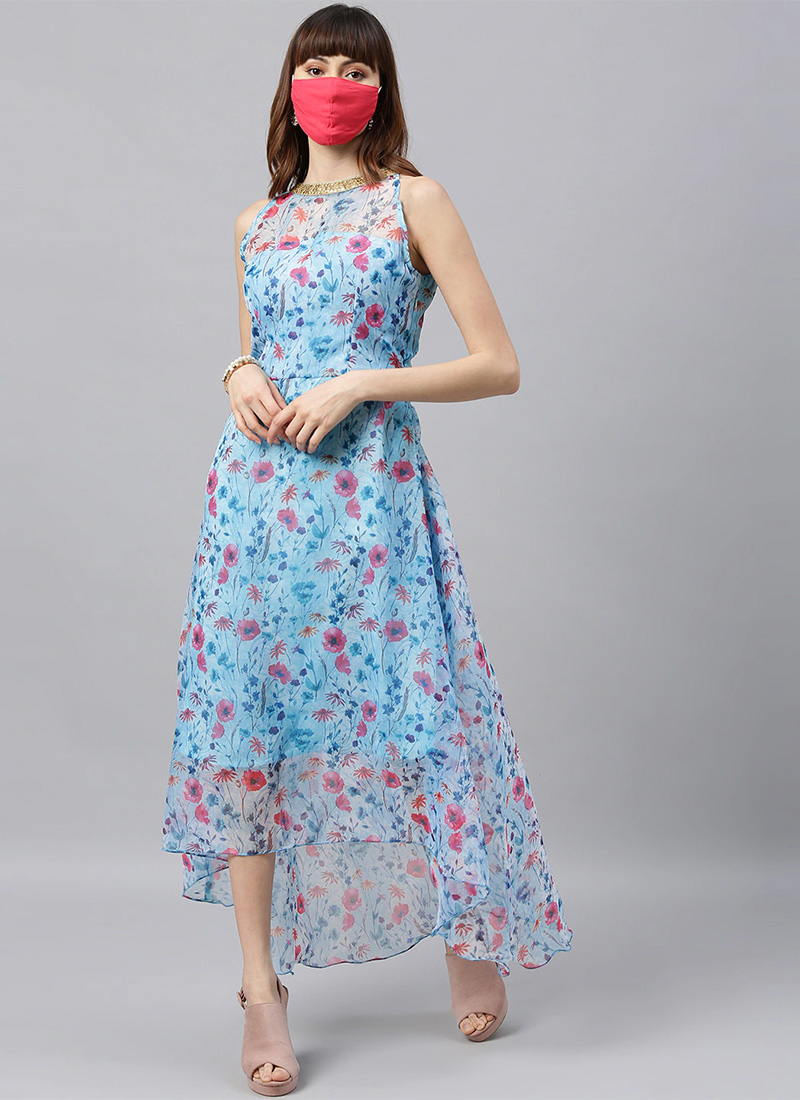 Shop Ethnovogue Sky Blue Printed Organza Asymmetrical Dress Party Wear Made To Measure Dress For Women In All Sizes Drbs Shop Ethnovogue Sky Blue Printed Organza Asymmetrical Dress Party Wear Made To Measure Dress For Women In All Sizes Drbs