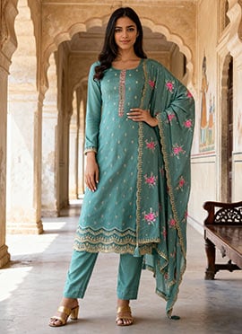 Sky Blue Silk Thread Embroidered Sequins Straight Pant Suit