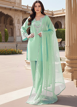 Sky Blue Silk Zari Sequins With Mirror Work Straight Pant Suit