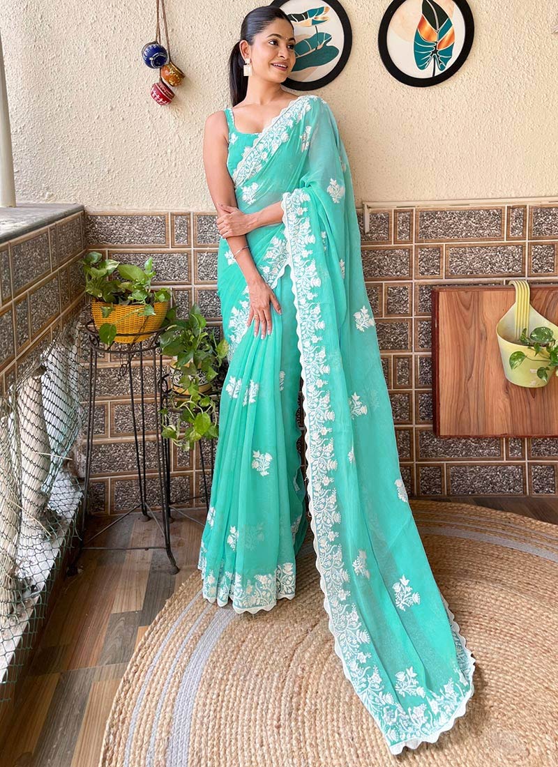 Sky Blue Simmer Silk Thread Embroidered Saree After Six Wear