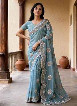Sky Blue Twill Net Zari Embroidered Stone Work Saree