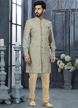 Smokey Grey Jacquard Silk Zari Work Classic Sherwani