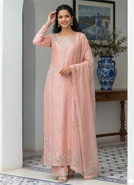 Soft Light Pink Silk Zari Stones Embroidered Straight Pant Suit