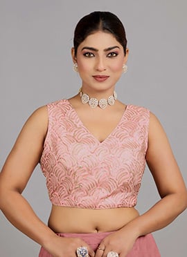 Soft Pink Net Embroidered V Neck Blouse