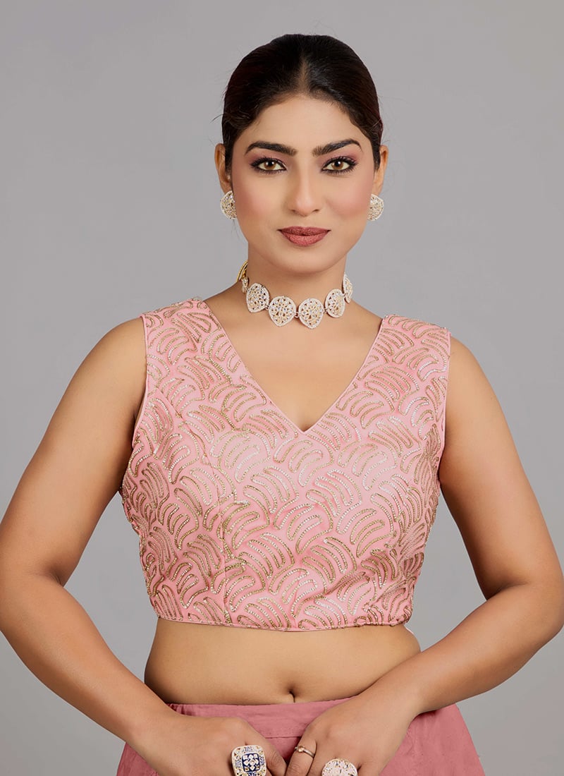 Soft Pink Net Embroidered V Neck Blouse Party Wear