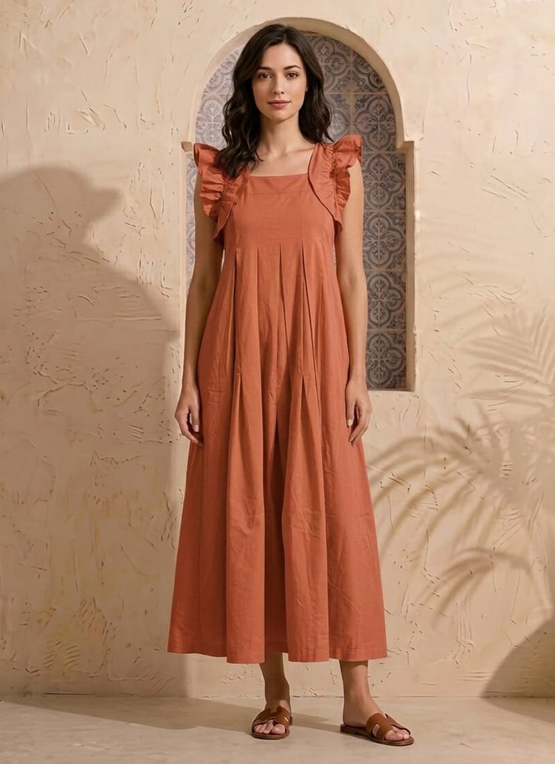 Solid Rust Cotton Tiered Midi Dress After Six Wear