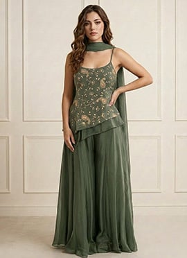 Sophisticated Green Art Silk Embroidered Palazzo Suit