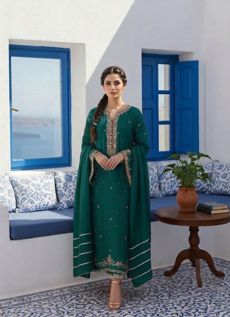 Sophisticated Green Georgette Zari Sequins Straight Pant Suit Festive Wear