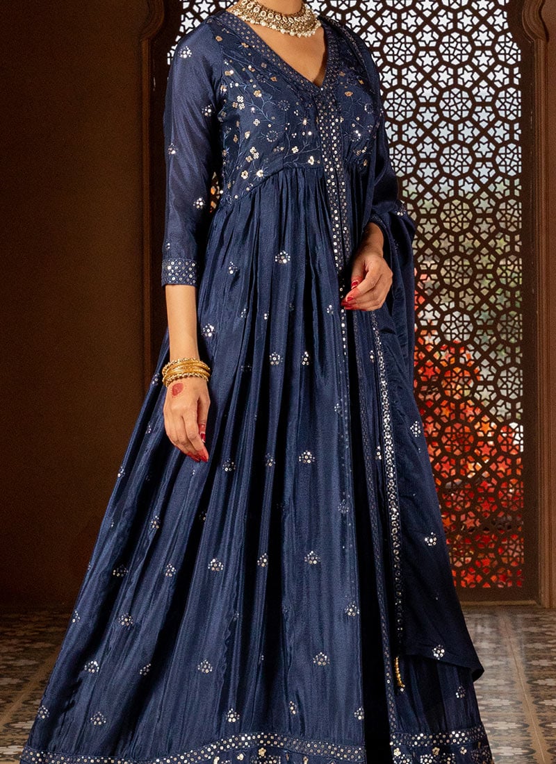 Teal Blue Sequins Embroidered Chinnon Festive Palazzo Suit