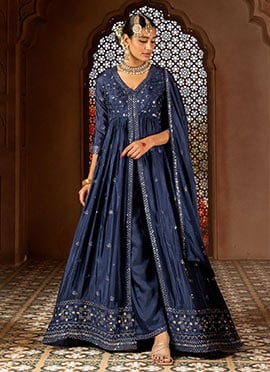 Sparkling Blue Chinon Embroidered Sequins High Slit Palazzo Suit Festive Wear