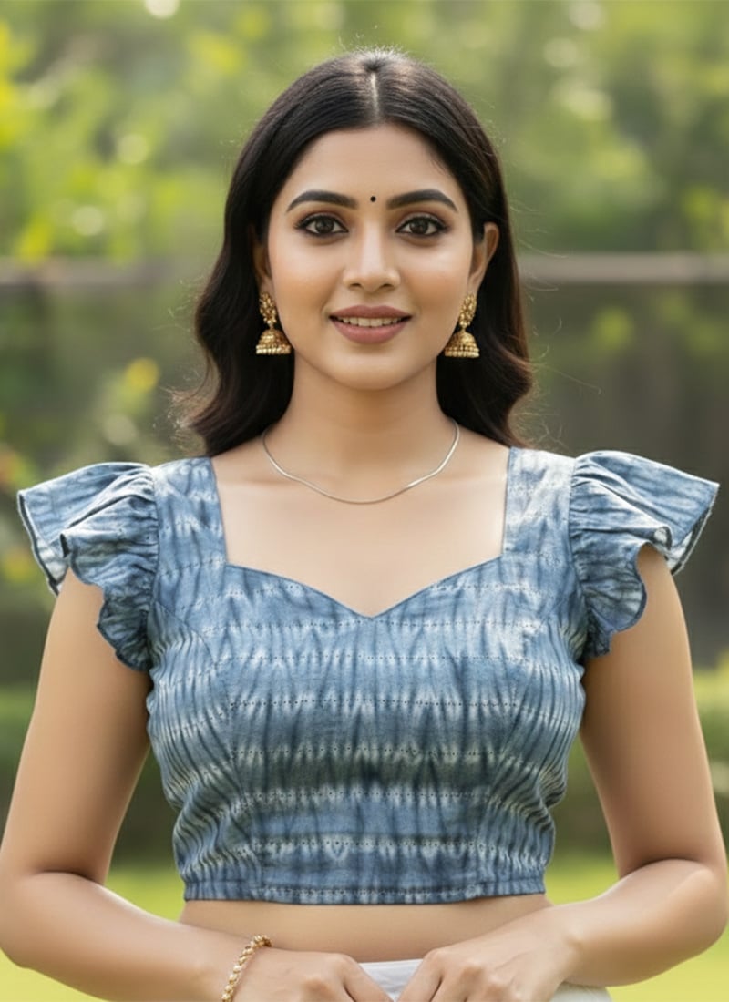 Steel Blue Muslin Ruffle Fancy Stretchable Blouse After Six Wear