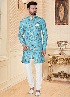 Stone Blue Jacquard Digital Printed Classic Sherwani