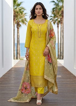 Straight Pant Suit For Women in Yellow Embroidered Jacquard Print Dupatta