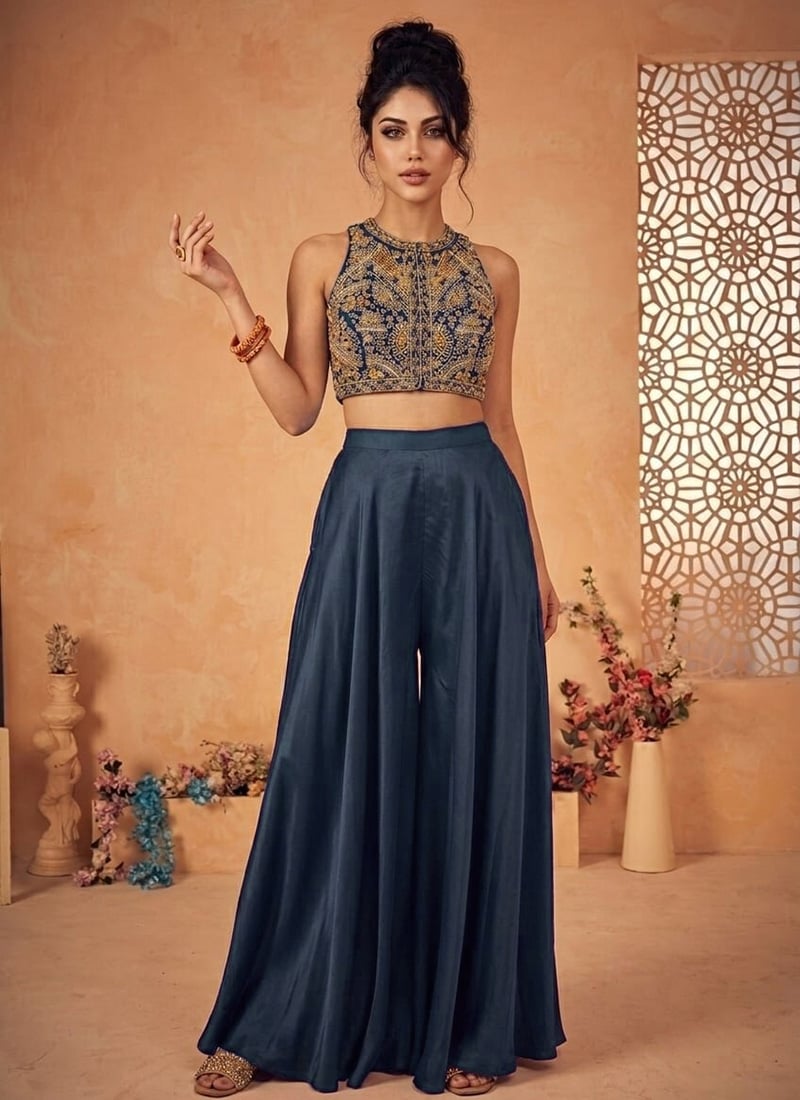 Stunning Blue Silk Beads Sequins Indowestern Set And Suit Wedding Wear