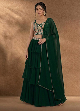 Stunning Green Faux Georgette Resham Beads A Line Lehenga