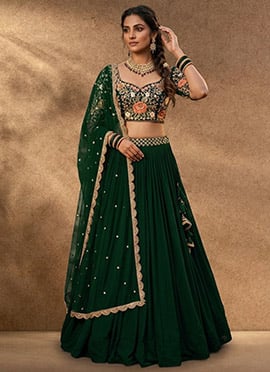 Stunning Green Faux Georgette Resham Embroidered Umbrella Lehenga