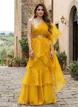 Stunning Mustard Frilled Draped Saree